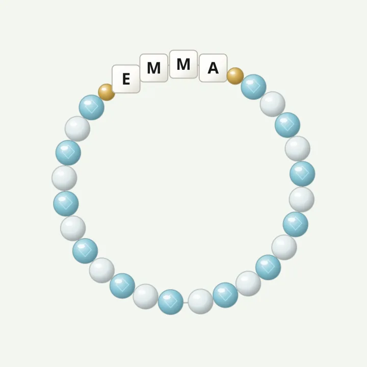 March name bracelet: aquamarine-colour bead bracelet design